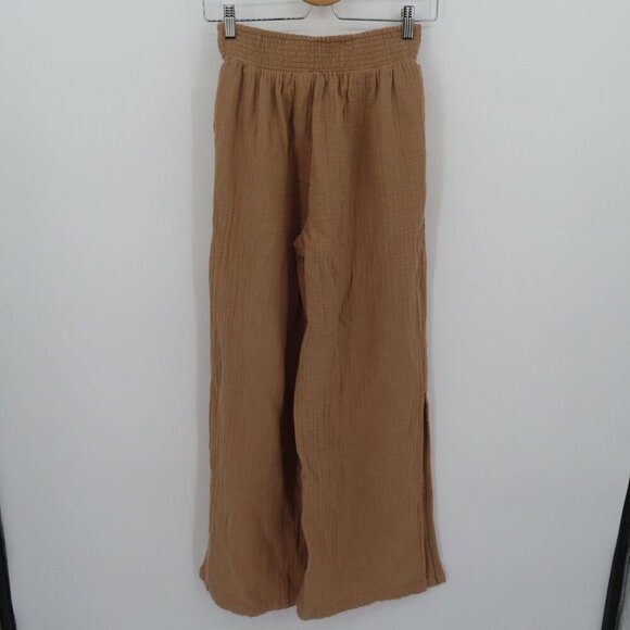 Aerie Women Small Brown Wide Leg Slit Slip On Pants Pockets Ruched Waistband - Picture 7 of 15